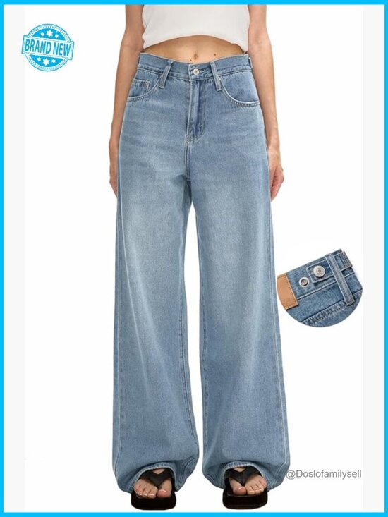 Denim - Adjustable Waist Baggy Jeans High Rise Wide Straight Leg Y2K Denim Pants